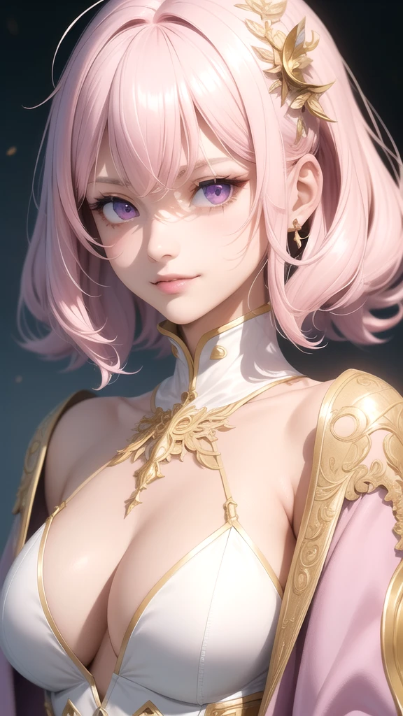 (masterpiece, best quality), intricate details, thin, ((slim)), beautiful girl, Light pink hair, white skin, light purple eyes, sharp jawline, cropped jacket, messy hair, lips, upper body, close up, smirk