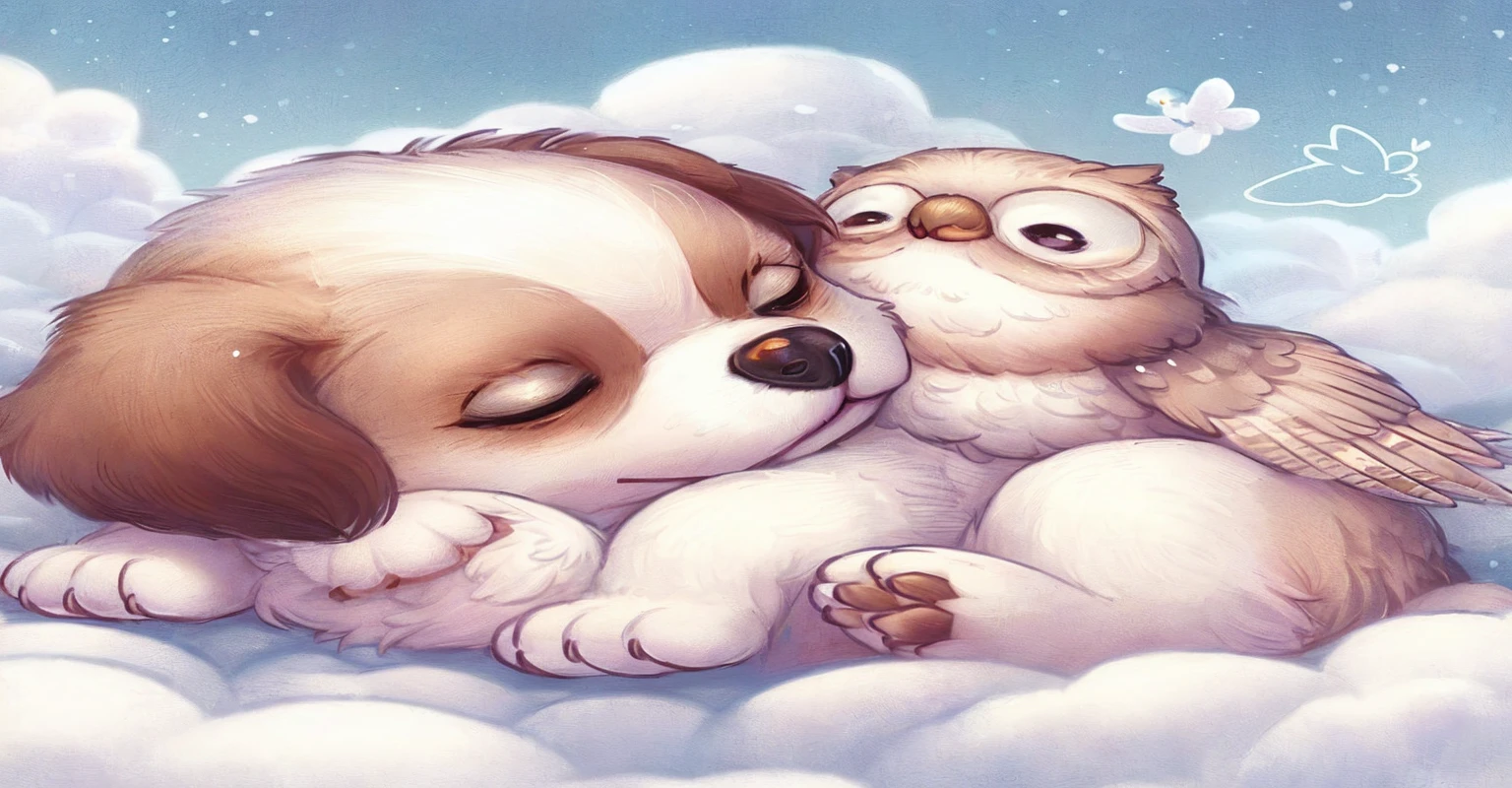 There is a dog and an owl sleeping together, cute detailed digital art, Adorable Digital Painting, Cute digital art, cute detailed artwork, cute artwork, ohwx, Dream Animal Cute Eyes, Cute illustration, dreamy illustration, Cute creatures, Cute Animals, Nice dream、Take a look., ohwx, Peaceful Animals, Dreamy art, Beeple and Jeremiah Ketner, kawaii