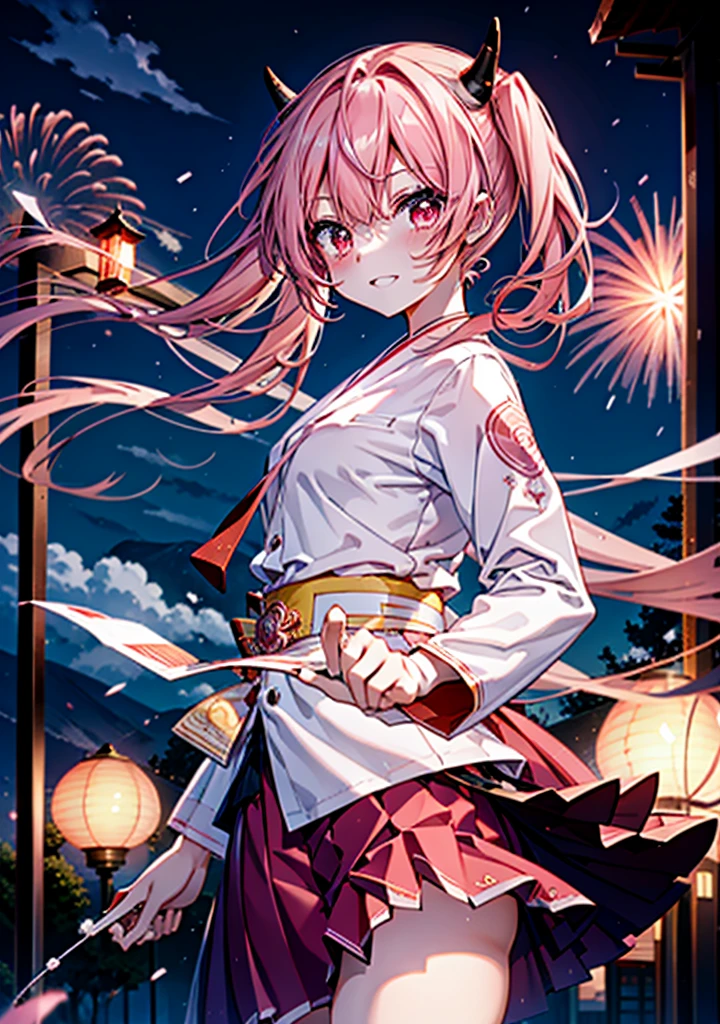 Aria h kanzaki,horn,Pink Hair,Long Hair,low 　Twin tails,小さいhorn,Red eyes,happy smile, smile, Open your mouth,pink kimono,Thick sleeves,Long skirt,日本のfestival,夏festivalの屋台,Red Lantern,night,night空のfirework,firework,場所はfirework大会,時間はnightです,sunny day,turn around,as if,walk,　　　　　　　　　　　　　　　  　　　　　break looking at viewer, Upper Body, (Cowboy Shot:1. 5),  　　　　　
break outdoors, festival,shrine,
break (masterpiece:1.2), Highest quality, High resolution, unity 8k wallpaper, (shape:0.8), (Beautiful attention to detail:1.6), Highly detailed face, Perfect lighting, Highly detailed CG, (Perfect hands, Perfect Anatomy),