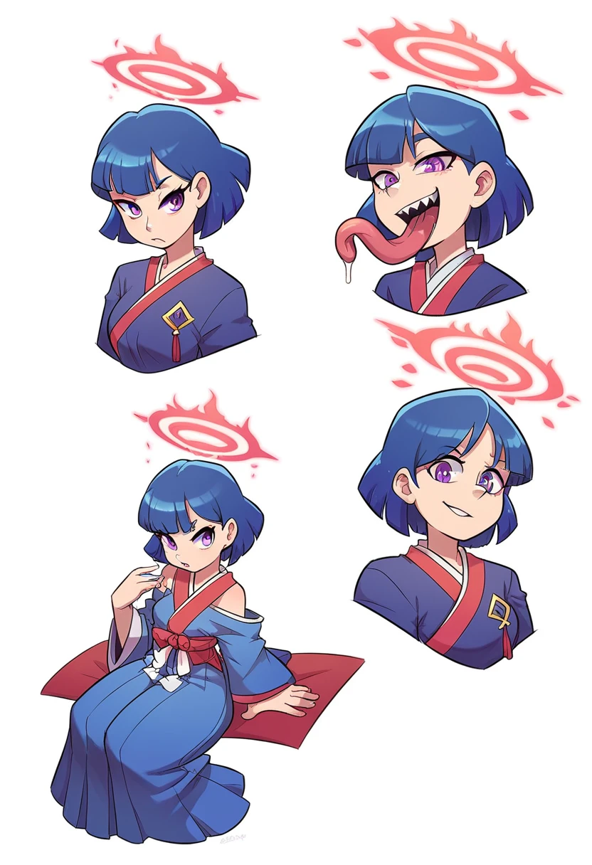 Girl, medium ruffled layered blue hair, purple eyes, open belly, Masterpiece, hiquality, Good detail, sticking out tongue, long tongue, hakama outfit with stomach exposed, half-body shot above waist, fire halo. Expression sheet, fullbody. Sitting down criss cross.