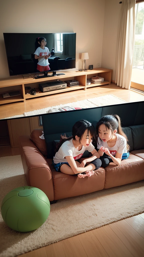 make a picture of a couple of cartoon aovakado playing sports at home. There should be standard things around the guest room: a sofa, an armchair, a TV, family photos with the same characters.