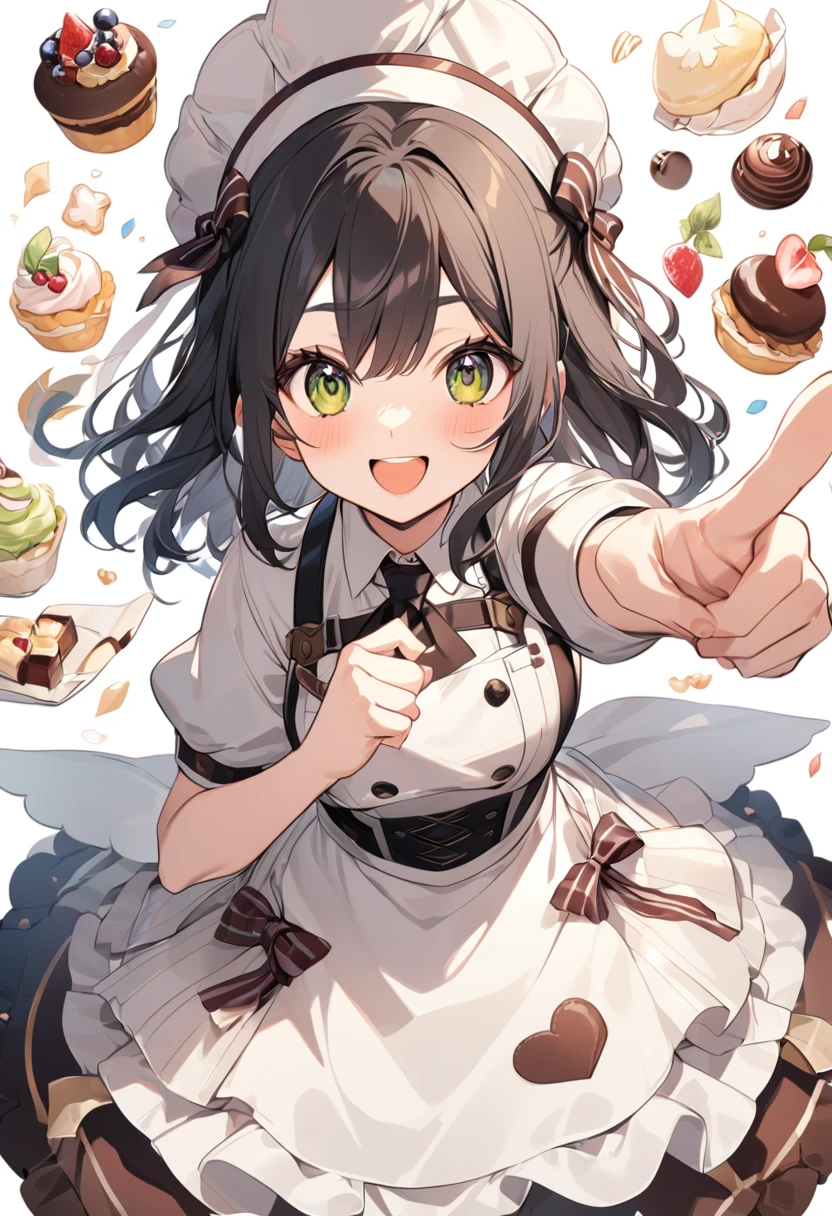 A cute pastry chef pointing