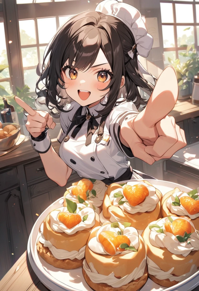 A cute pastry chef pointing