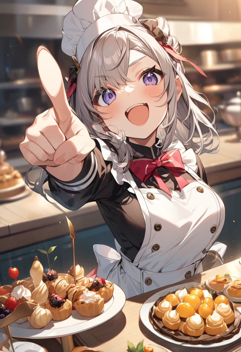 A cute pastry chef pointing