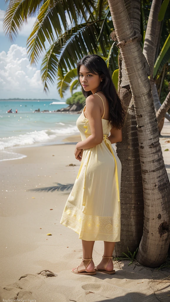 A 25 year old filipina girl wearing a yellow elegant dress and white sandals the background is beach and many coconut tree.