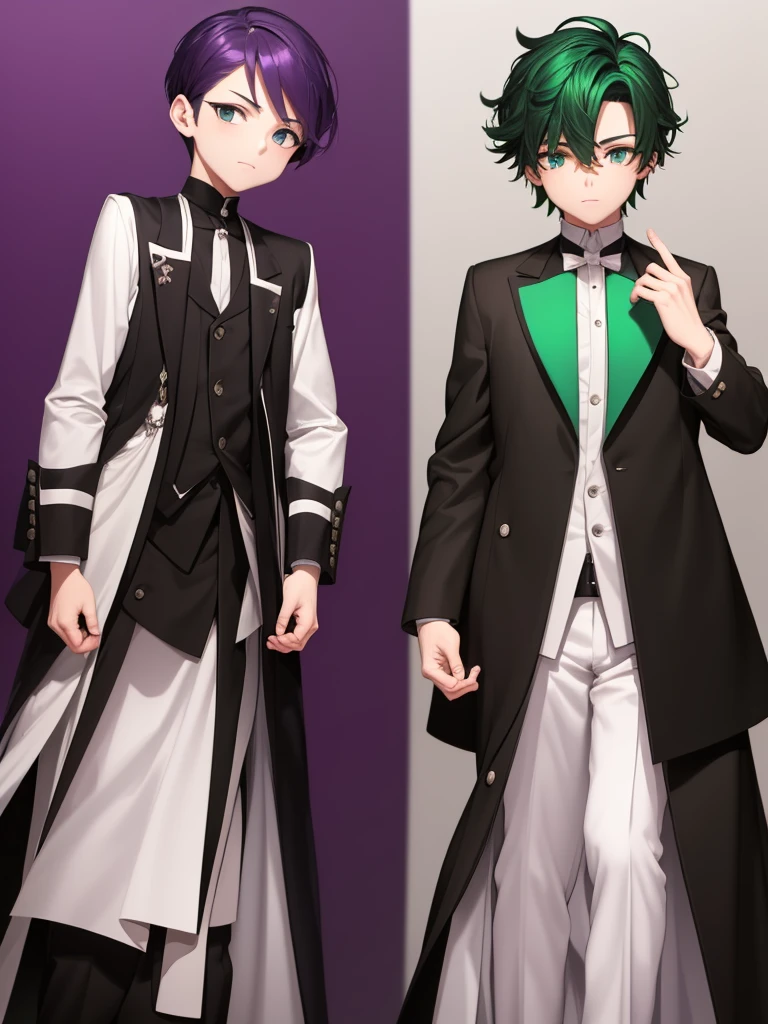 There are two elegant boys, the first boy has green hair and black and dark green clothes. The second boy has purple hair with white clothes..