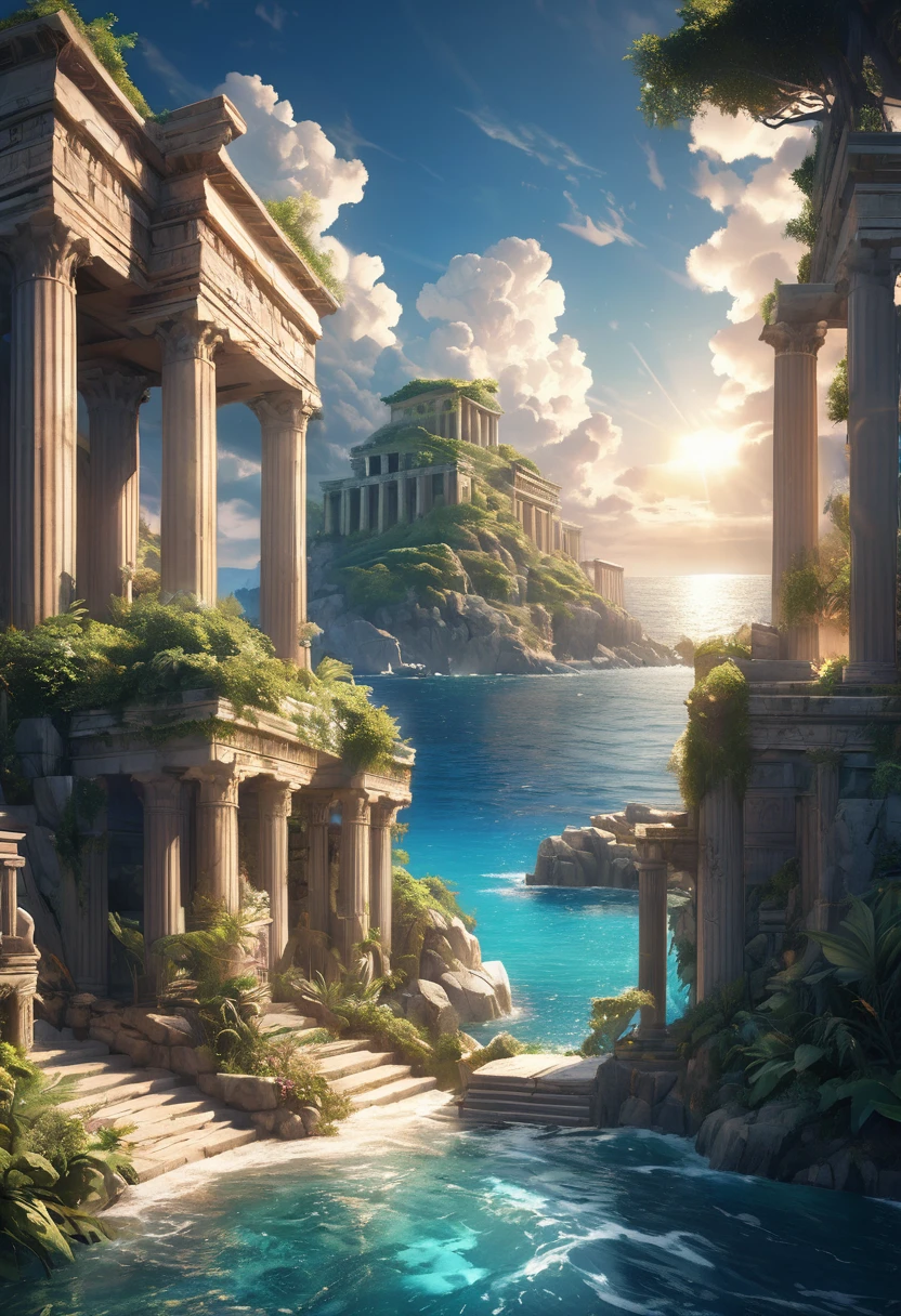 mystical islands:1.2, Panoramic view of the island seen from the sea , detailed fantasy landscape, ancient greek temple, aegean sea, greek mythology gods, aegean blue sea, soft sunlight, intricate architecture, ornate columns, stone structures, detailed foliage, lush greenery, dramatic sky, fluffy clouds, vibrant colors, photorealistic, 8k, best quality, cinematic lighting, chiaroscuro, epic scale, masterpiece
