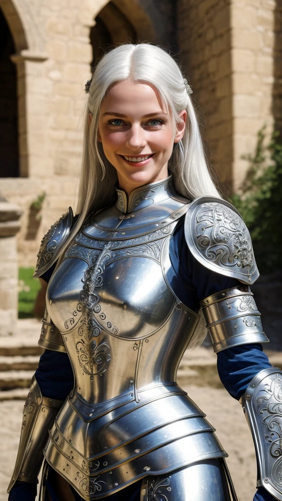 (masterpiece), (extremely intricate:1.3), (realistic), portrait of a girl, white hair, blue eyes, lovely smile, beautiful smile, smiling, the most beautiful in the world, (medieval armor), metal reflections, upper body, outdoors, intense sunlight, far away castle, professional photograph of a stunning woman detailed, sharp focus, dramatic, award winning, cinematic lighting, octane render, unreal engine, volumetrics dtx, (film grain)
