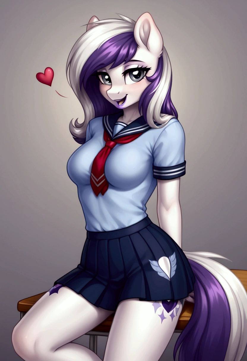 My little pony, (anthro), ((school role play uniform)), ((Two-tone hair with black on top and white underneath)), pale white body, gray eyes, medium breasts, purple lips, perfect lines, heart cutie mark