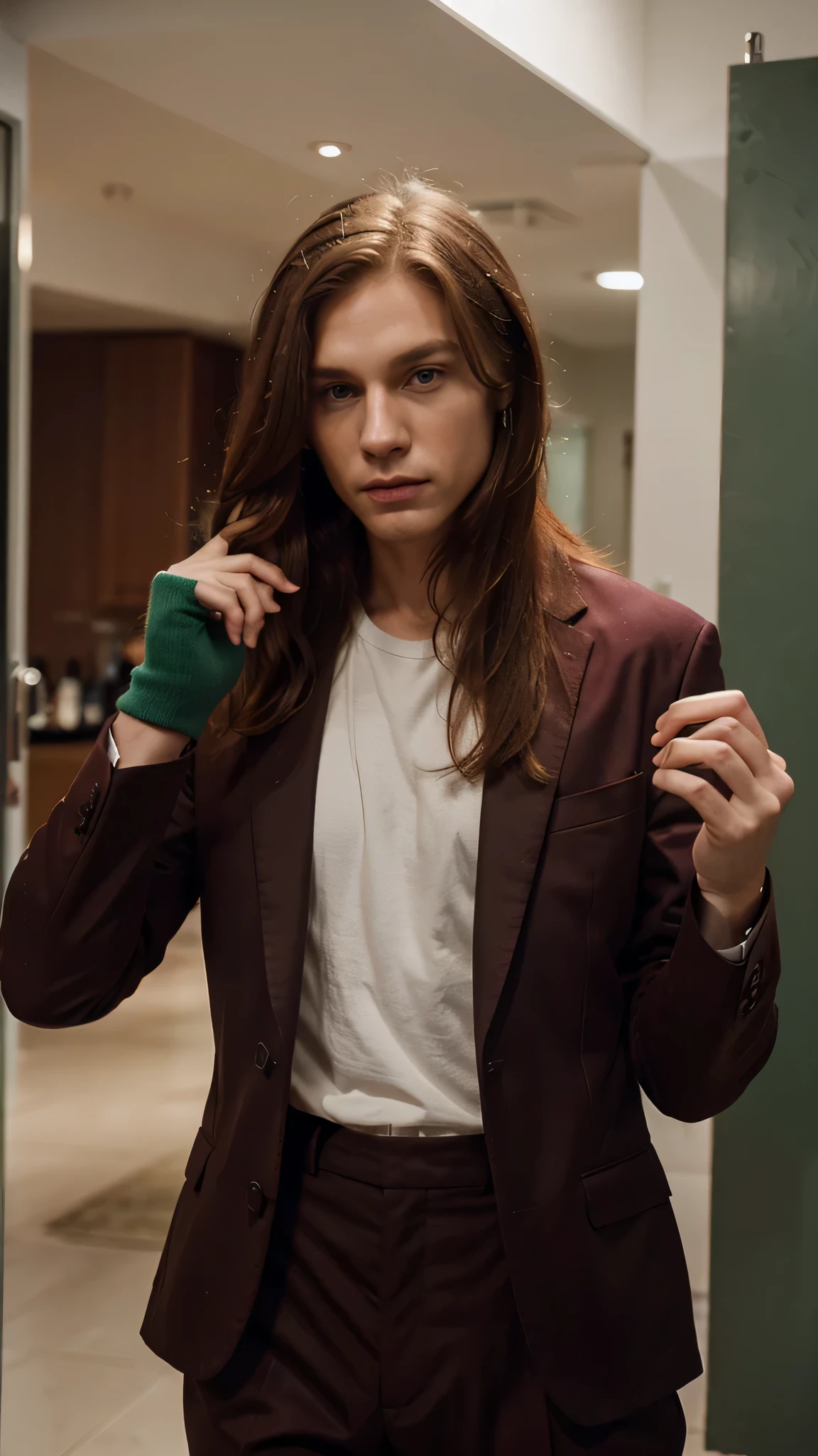 stylist man, red medium length hair, wearing fashion suit, green eyes

