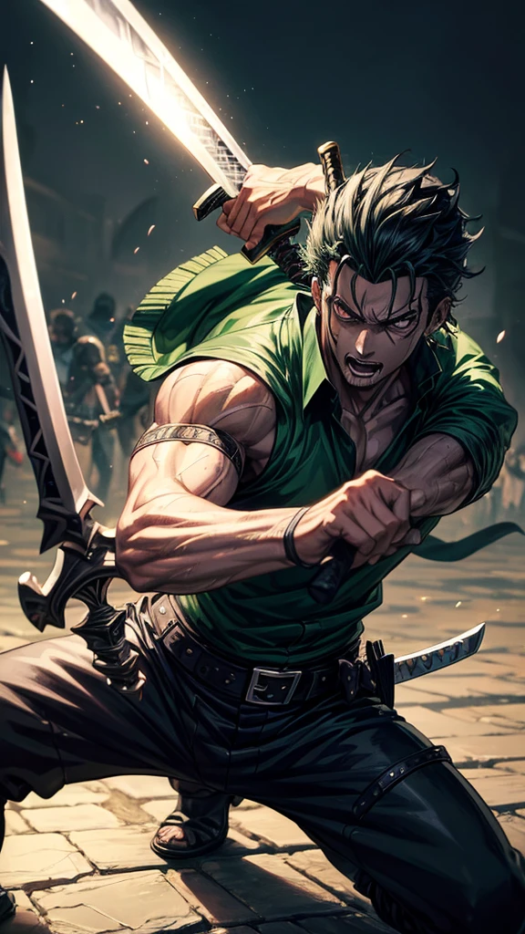 a man wielding a sword in front of a horde of zombies, extremely detailed, highly detailed face, extremely detailed facial features, high quality, 8k, 4k, anime style, manga, Roronoa Zoro, highly detailed anime art, epic anime artwork, anime character, Demon Slayer anime style, digital art, 4k anime wallpaper