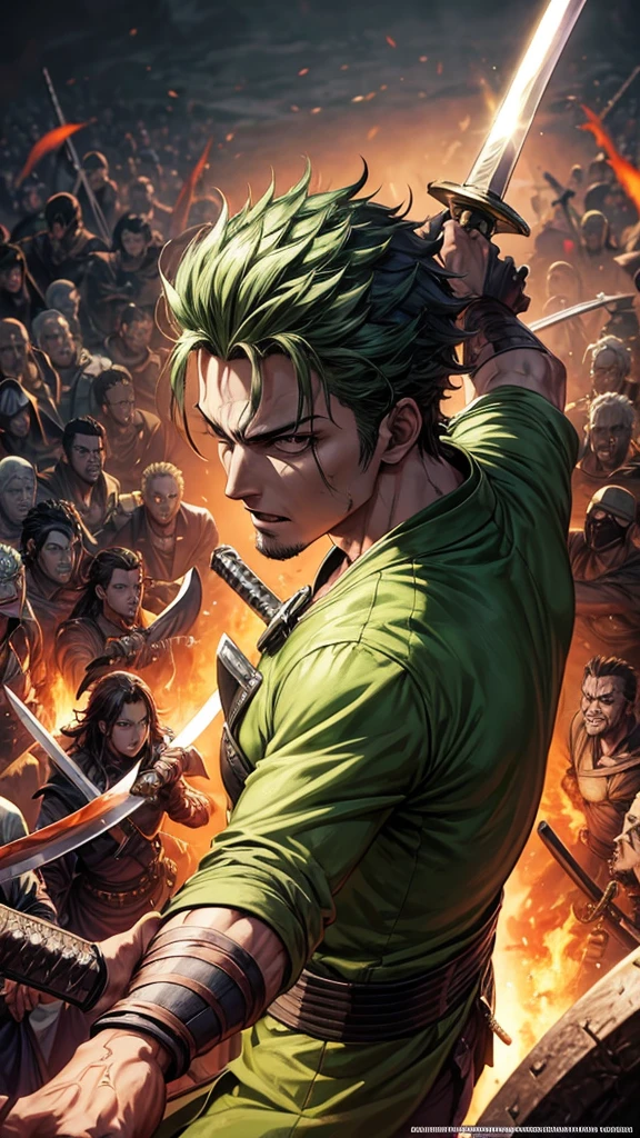 a man wielding a sword in front of a horde of zombies, extremely detailed, highly detailed face, extremely detailed facial features, high quality, 8k, 4k, anime style, manga, Roronoa Zoro, highly detailed anime art, epic anime artwork, anime character, Demon Slayer anime style, digital art, 4k anime wallpaper