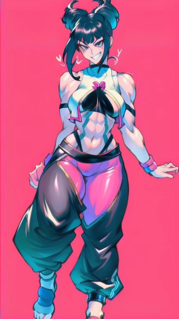 Full body image of Juri Han from Street Fighter 6, From head to toe, wearing her outfit from street fighter 6, jogger pants, female body, athletic body, dynamic pose, detailed pose, simple background, expressive face showing a mischievous grin, focus on face, line art, sketch.