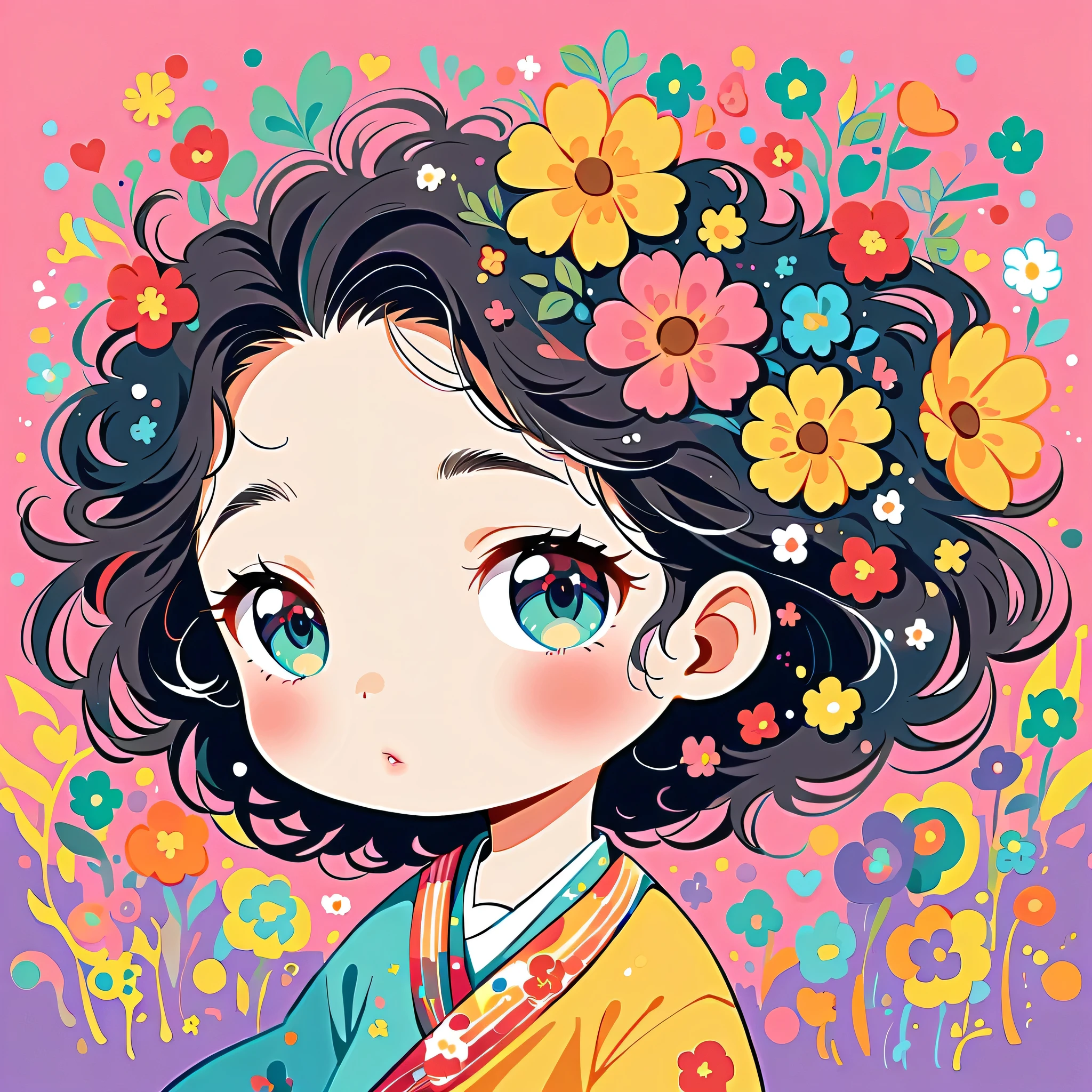 Takashi Murakami style, The most beautiful girl of all time,chibi, Lips in Love, colorful flowers, Simple Line Initialism,Abstract art,Urban Background