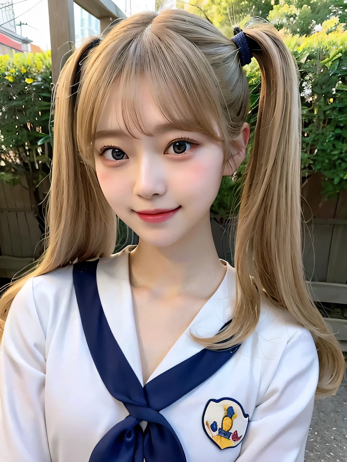1 person、11 years old、Full body photo、slender、Japanese women、White drool coming out of the mouth、smile、Blonde twin tails、Fair skin、very cute、Soft and good looking、8k resolution、Surreal、Ultra-high resolution、A cup small breasts((Highest Resolution、、masterpiece:1.3))、Extremely thin face、Ultra-thin lips、Beautiful Eyes、double eyelid、Sailor suit、Thighs、thin、Thighsが見える、Shapely small breasts、smile、