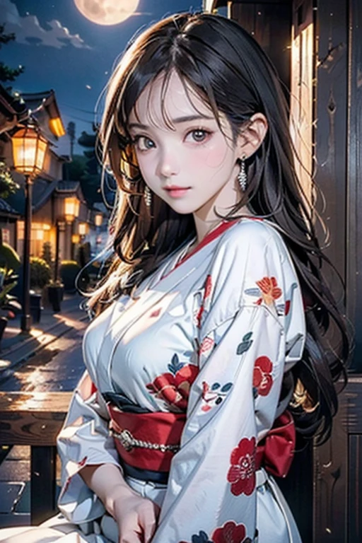 (Official Art、Highest quality、Unity 8k wallpaper、32K、masterpiece、Ultra-detailed、Ultra-high resolution、Oil painting style:1.2)、Slender、Ample breasts、(whole body:1.2)、Highly detailed background、Realistic students、Sharp pupils、Blurred Background、Beautiful girl in yukata、(Highly detailed face and eyes、Beautiful Face、Highly detailed skin、Detailed skin texture:1.3)、Japanese garden、Cowboy Shot、Sitting on the porch、moon明かり、空に浮かぶ満moon、moon、dumpling、Autumn scenery、