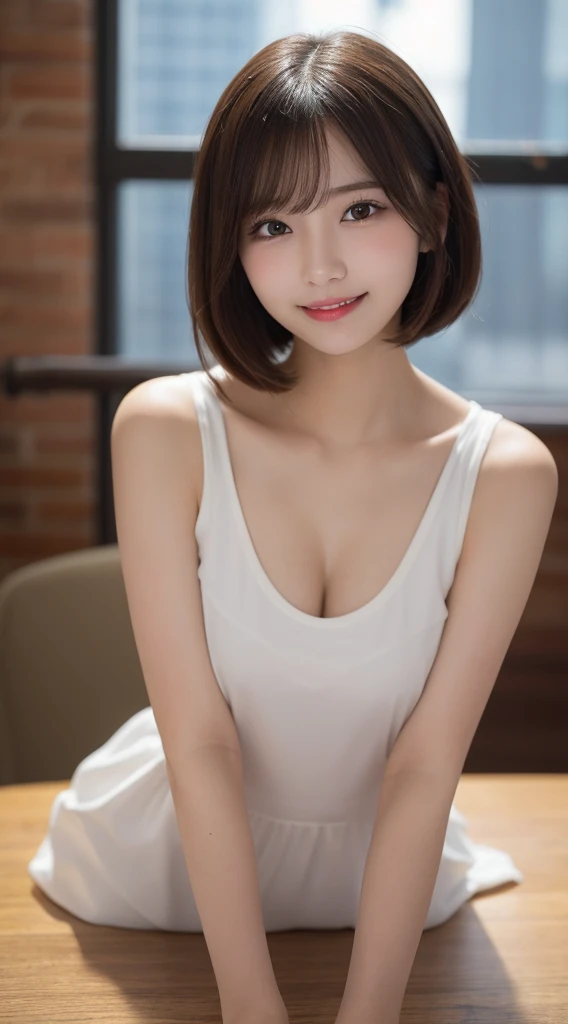 Tabletop, Highest quality, shape, Very detailed, finely, High resolution, 8k wallpaper, 完璧なダイナミックな構shape, Beautiful and detailed,ランダムなcute髪,,Natural color lip, Bold sexy pose,smile、20-year-old girl、cute、Looking into the camera,Always blur the background,Perfect and beautiful face,Slim face and figure,Big eyes、Putting on gal makeup,Small face,Shooting from below、smile,Blurred Background,Elegant feminine face、Cyberpunk Fashion、smile、Real Photo、Raw photo、Real human skin,finely描かれた肌:1,4、Normal anatomy