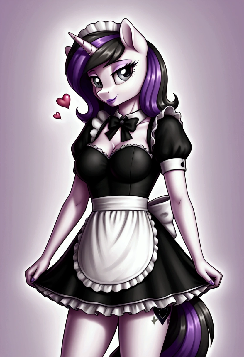 My little pony, (anthro), ((maid uniform)), ((Two-tone hair with black on top and white underneath)), pale white body, gray eyes, medium breasts, purple lips, perfect lines, heart cutie mark