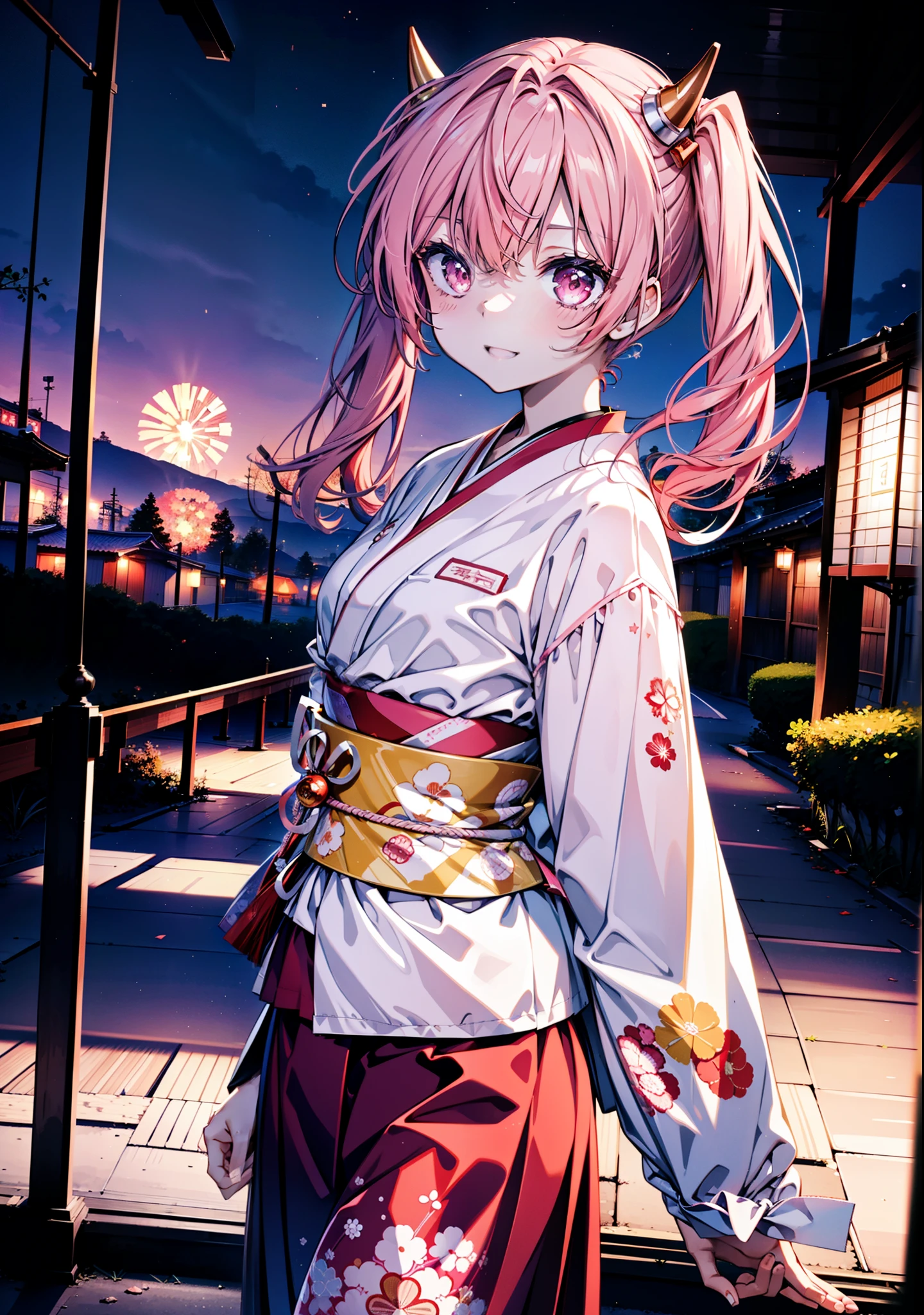 Aria h kanzaki,horn,Pink Hair,Long Hair,low 　Twin tails,小さいhorn,Red eyes,happy smile, smile, Open your mouth,pink kimono,Thick sleeves,Long skirt,日本のfestival,夏festivalの屋台,Red Lantern,night,night空のfirework,firework,場所はfirework大会,時間はnightです,sunny day,turn around,as if,walk,　　　　　　　　　　　　　　　  　　　　　break looking at viewer, Upper Body, (Cowboy Shot:1. 5),  　　　　　
break outdoors, festival,shrine,
break (masterpiece:1.2), Highest quality, High resolution, unity 8k wallpaper, (shape:0.8), (Beautiful attention to detail:1.6), Highly detailed face, Perfect lighting, Highly detailed CG, (Perfect hands, Perfect Anatomy),
