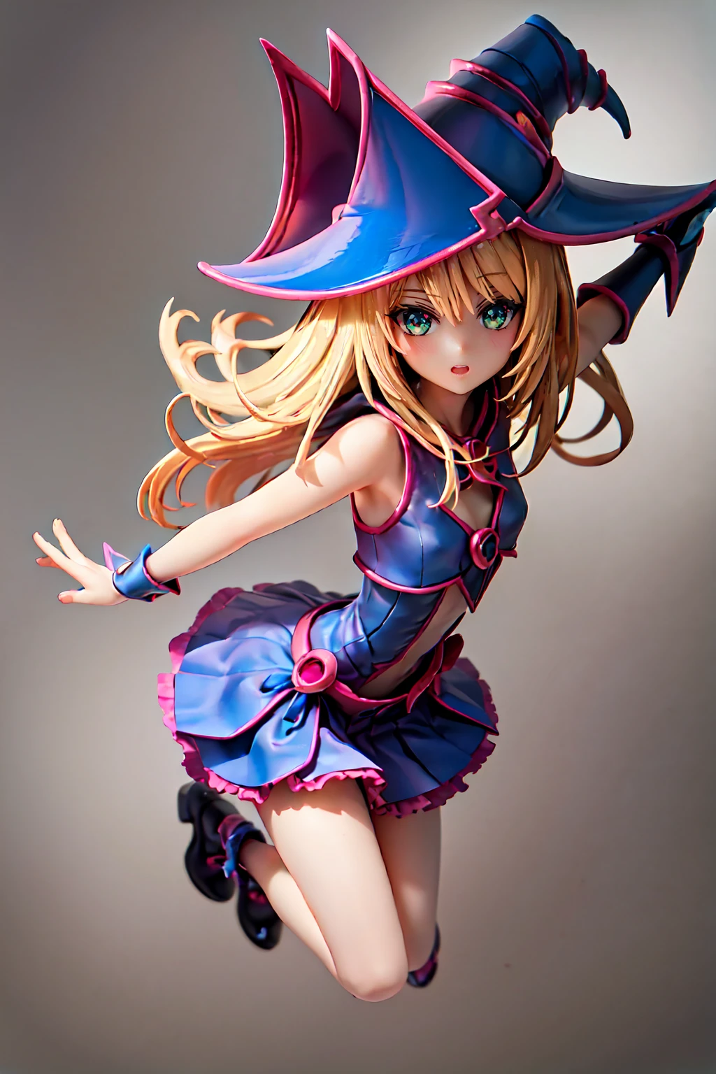 Dark Magician Girl, Super detailed, Very detailed, masterpiece, 最high quality, 最high quality, Absurd, High resolution, Black Magician Girl, (One girl:1.2), alone, Detailed face, Dynamic pose, Hair flow, (whole body:1.1), Blonde, Long Hair, View your viewers, Green Eyes, Detailed skin, chest, Manicure, skirt, Blue footwear, Blue hat, Wizard&#39;s Hat, Cane, I have a hat, (Blue panties:0.9), masterpiece, Very detailed, A magnificent composition, high quality, 最high quality, 4K, (white background:1.5), pedestal , Figures