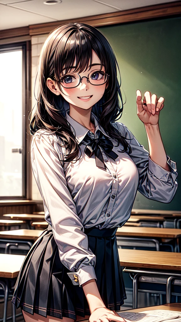 very cute and beautiful girl,(Very detailed美しい顔),White blouse,ribbon,(Pleated check mini skirt),
View your viewers,Black Hair,Wooden classroom,
(Highest quality,masterpiece:1.0),Absurd,High resolution,Very detailed,Very detailed,32K,8k resolution,
Intricate details,Movie Scenes,Detailed Background,alone,Composition from the front,Long Hair、(((Glasses)))、(((smile)))