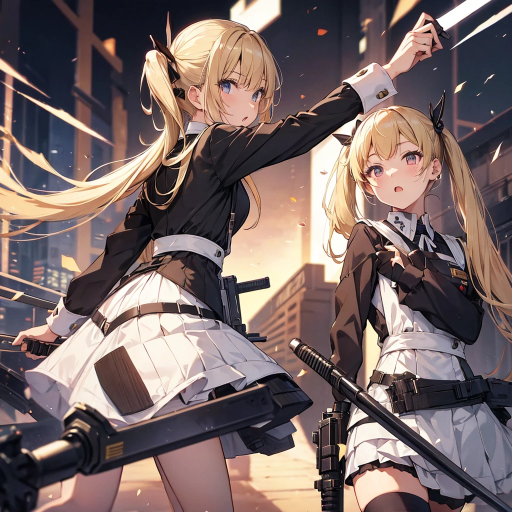 A maid outfit that looks like a military uniform, Twin tails, Machine gun, Japanese sword,Intense Combat, Rin々Funny face, Blonde, Raise one leg, Highest quality, Highest quality, High definition, Oyashiki, 2 girl, Back to Back