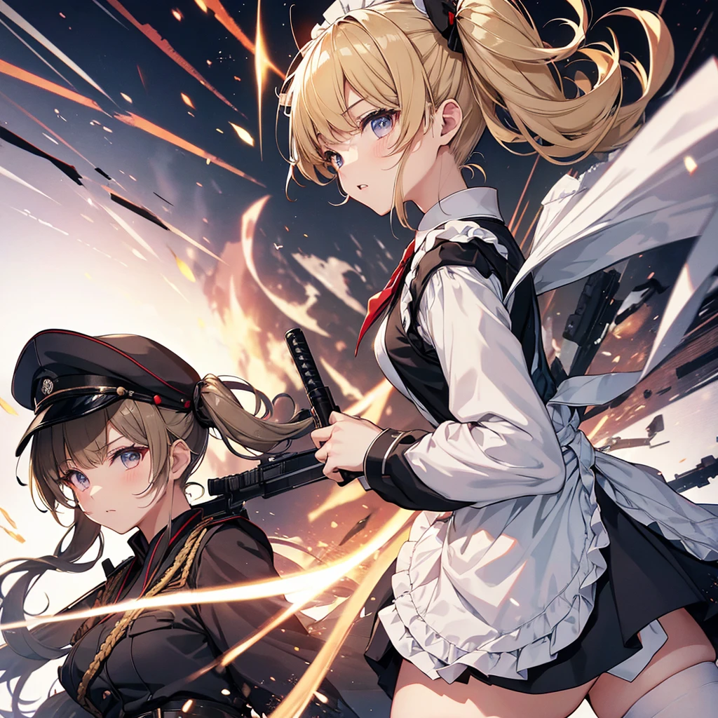 A maid outfit that looks like a military uniform, Twin tails, Machine gun, Japanese sword,Intense Combat,  Rin々Funny face, Blonde, Raise one leg, Highest quality, Highest quality, High definition, Oyashiki, 2 girl, Back to Back