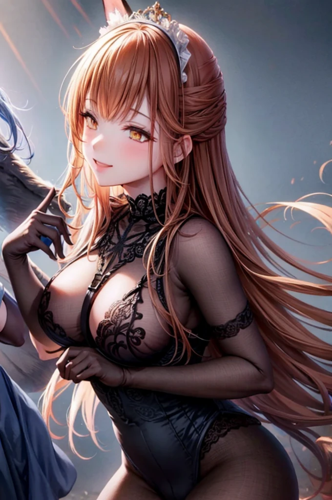 (high quality, 8k, 4K, High Contrast, masterpiece:1.2, 最high quality, Best aesthetics), , Maid, Very detailed, Seductive and erotic girl with lace headdress, smile, (large breast, elbow gloves, black gloves), Focus on the face, Focus on the face, Complex eyes, tights, laced tights, coffee shop, Ground angle shot, Viewers looking up, feet in tights, Open-chested clothing