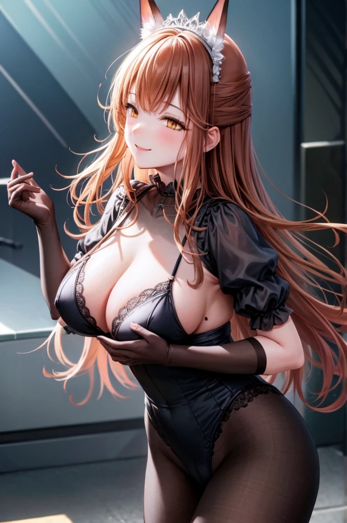 (high quality, 8k, 4K, High Contrast, masterpiece:1.2, 最high quality, Best aesthetics), , Maid, Very detailed, Seductive and erotic girl with lace headdress, smile, (large breast, elbow gloves, black gloves), Focus on the face, Focus on the face, Complex eyes, tights, laced tights, coffee shop, Ground angle shot, Viewers looking up, feet in tights, Open-chested clothing