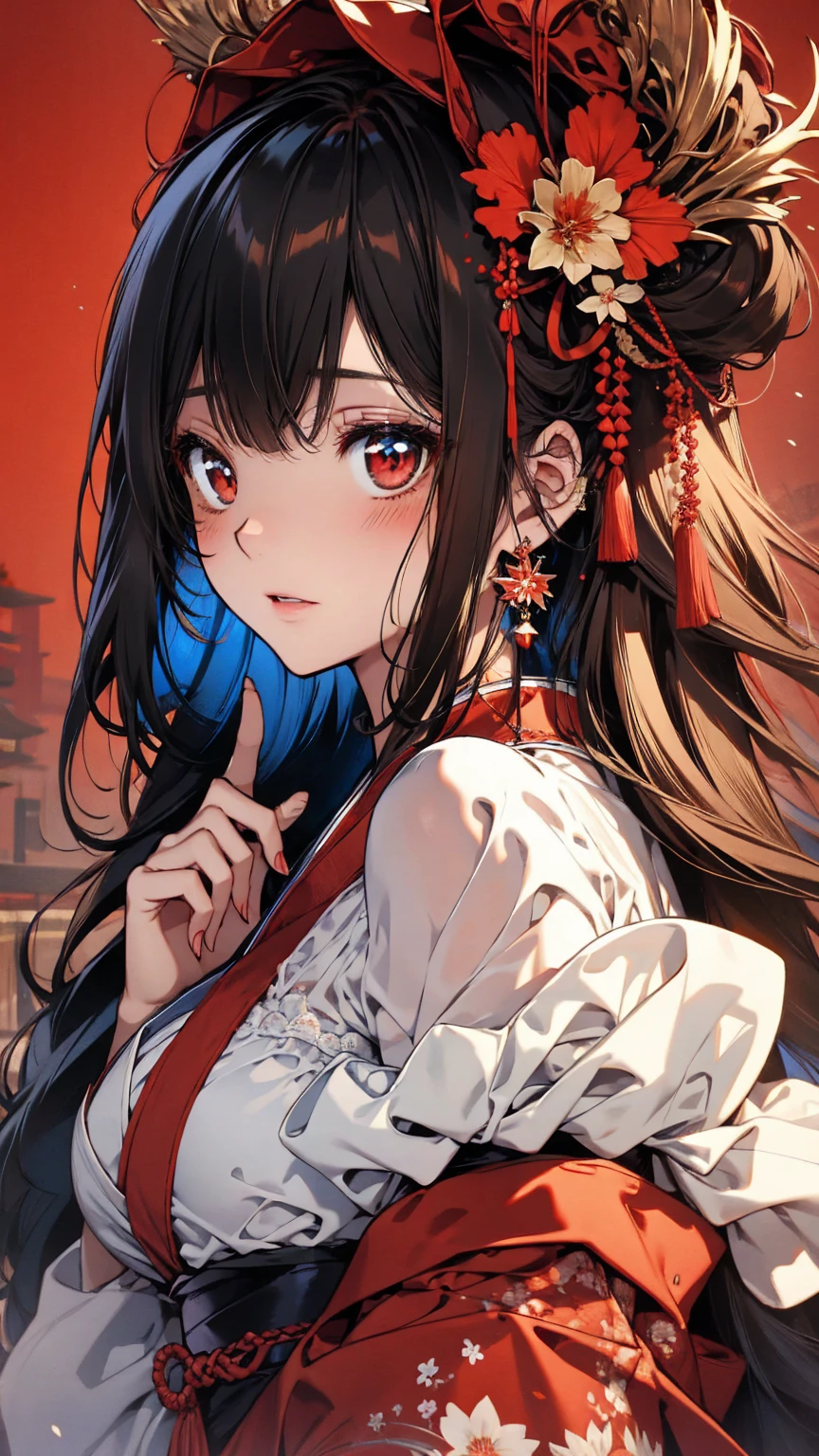 (Highest quality),(masterpiece), 8k,Very detailed, Detailed light, Best Shadow,Detailed reflective eyes, Beautiful Eyes, Very detailedな顔,Shiny Hair,sexy,Big Breasts,Charm,One person,Gloss,Black Hair,,Inner hair color red,Red eyes,Nine-Tailed Fox,Animal ears,,Miko costume,enchanting,Expressionless,Blushing,full moon,Enchanting,Beautiful fingers,Beautiful hands,Refers to 5 books,hair ornaments,Japanese sword,