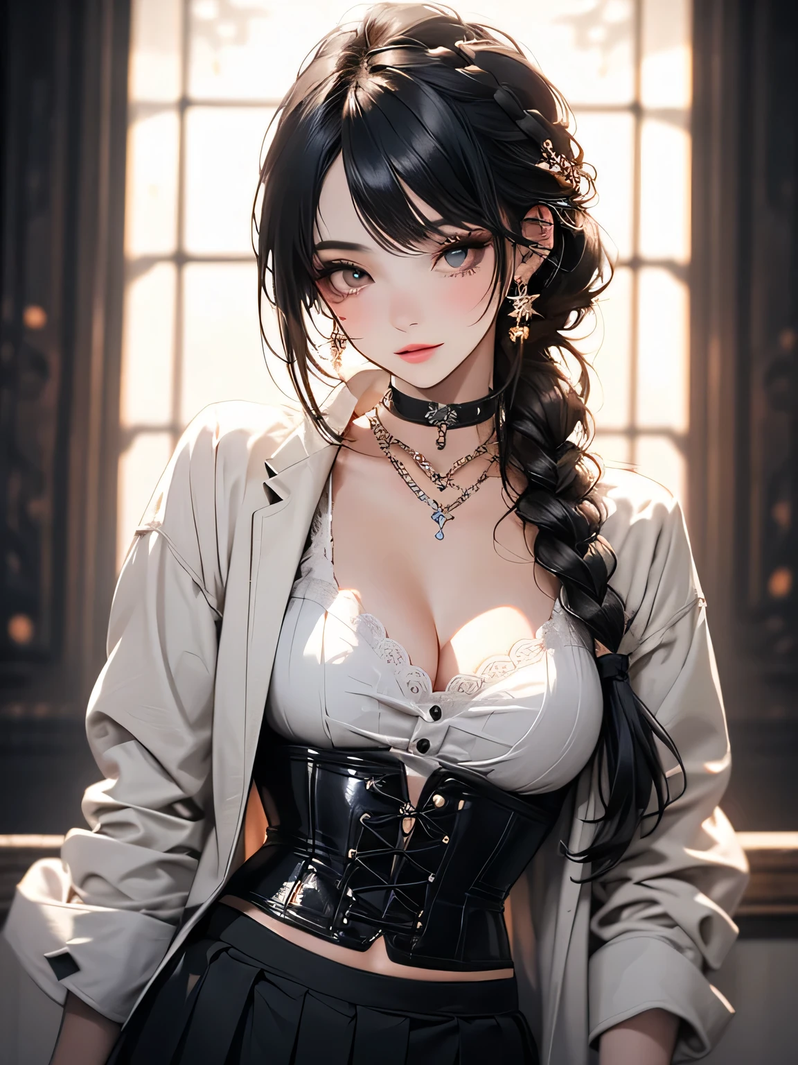 (Highest quality, masterpiece),One girl, Portrait of a beautiful donkey pex, Athletic ability, White jacket, corset, skirt, pants, Black Hair, Redhead, (Very delicate and beautiful face), (Beautiful eyes in every detail), Braid, compensate, choker, Cleavage, Volumetric lighting, Highest quality, masterpiece, Intricate details, Tone Mapping, Sharp focus, Super detailed, Trending on Art Station, Realistic