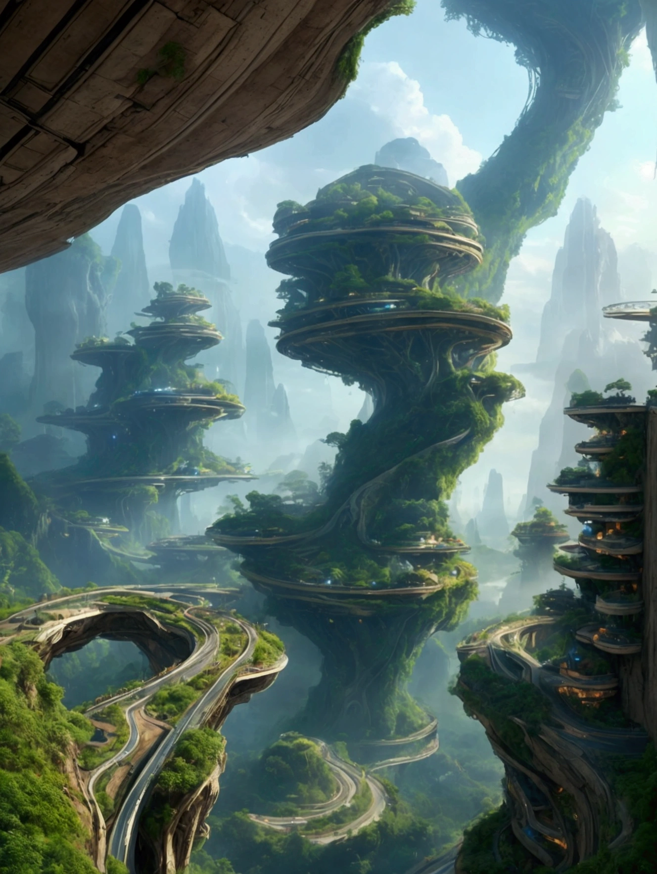 A futuristic landscape with spiral-shaped elevated highways winding through a lush green canyon. The road is multi-tiered, curving elegantly as it ascends along steep cliff faces. Dense forests surround the area, with misty mountains visible in the distance. A river flows at the bottom of the canyon, and birds can be seen flying in the sky. The overall atmosphere is fantastical and mystical, reminiscent of a future city where nature and human-made structures coexist harmoniously. The scene is bathed in a soft light, with a color palette dominated by blues and greens