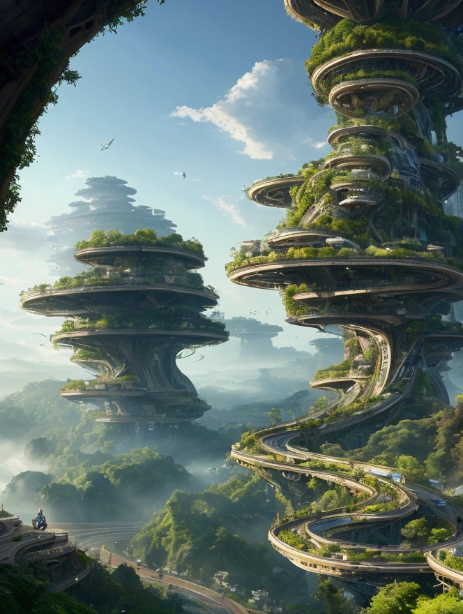 A futuristic landscape with spiral-shaped elevated highways winding through a lush green canyon. The road is multi-tiered, curving elegantly as it ascends along steep cliff faces. Dense forests surround the area, with misty mountains visible in the distance. A river flows at the bottom of the canyon, and birds can be seen flying in the sky. The overall atmosphere is fantastical and mystical, reminiscent of a future city where nature and human-made structures coexist harmoniously. The scene is bathed in a soft light, with a color palette dominated by blues and greens