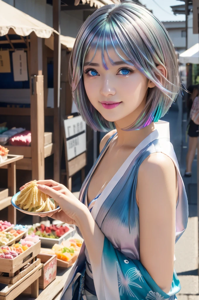 Tabletop、Realistic、Highest quality、Highest quality、masterpiece、Ultra-high resolution、RAW Photos、Realistic、Bright lighting、Face Light、Smooth Professional Lighting、Highest quality、masterpiece、Ultra-high resolution、(Photorealistic:1.4)、RAW Photos、Detailed CG image quality, Beautiful poop、One Girl、20-year-old、(blue eyes:1.2)、Pink lipstick、Laughter, short hair、(Iridescent hair:1.4), (Short length yukata)、Detailed portrait、8K quality、Concept Art、A dramatic, cinematic atmosphere、Sharp focus、Blurred foreground、Blurred Background:1.3, soft smile, (A young woman in a yukata walking along a road with many food stalls), (cleavage:0.7)