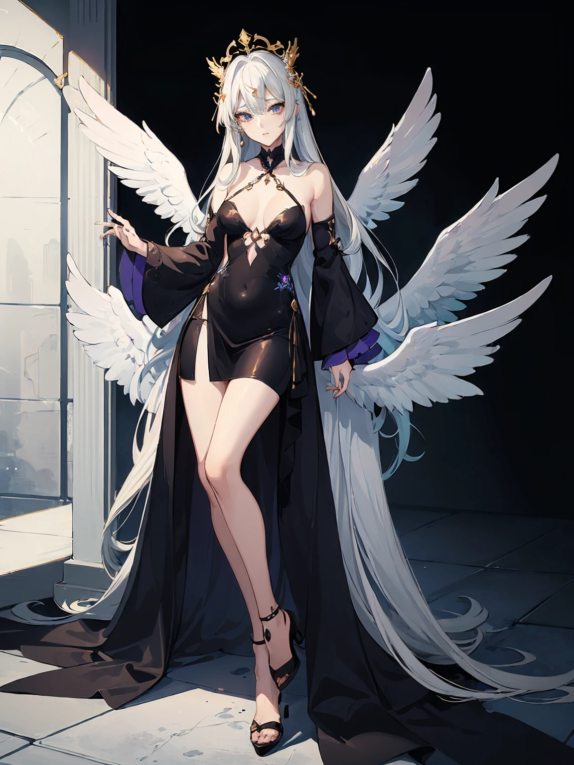 (Designed by nty:1.4),Full-length portrait of 1 , design de personagem de yoshitaka amano,only,angelic, symmetric beauty, the angel&#39;s wings, gorgeous long dress, Get up, (((only))), Color placement，clear facial features, Clean line design, magic elements, future-tech, ((tarot card background)), Figure standing figure, ((flat-colors)), (Masterpiece artwork，maximum quality，best qualityer，ultra-high resolution), ((exquisite facial features，clear facial features，beautiful eyes，gorgeous face))