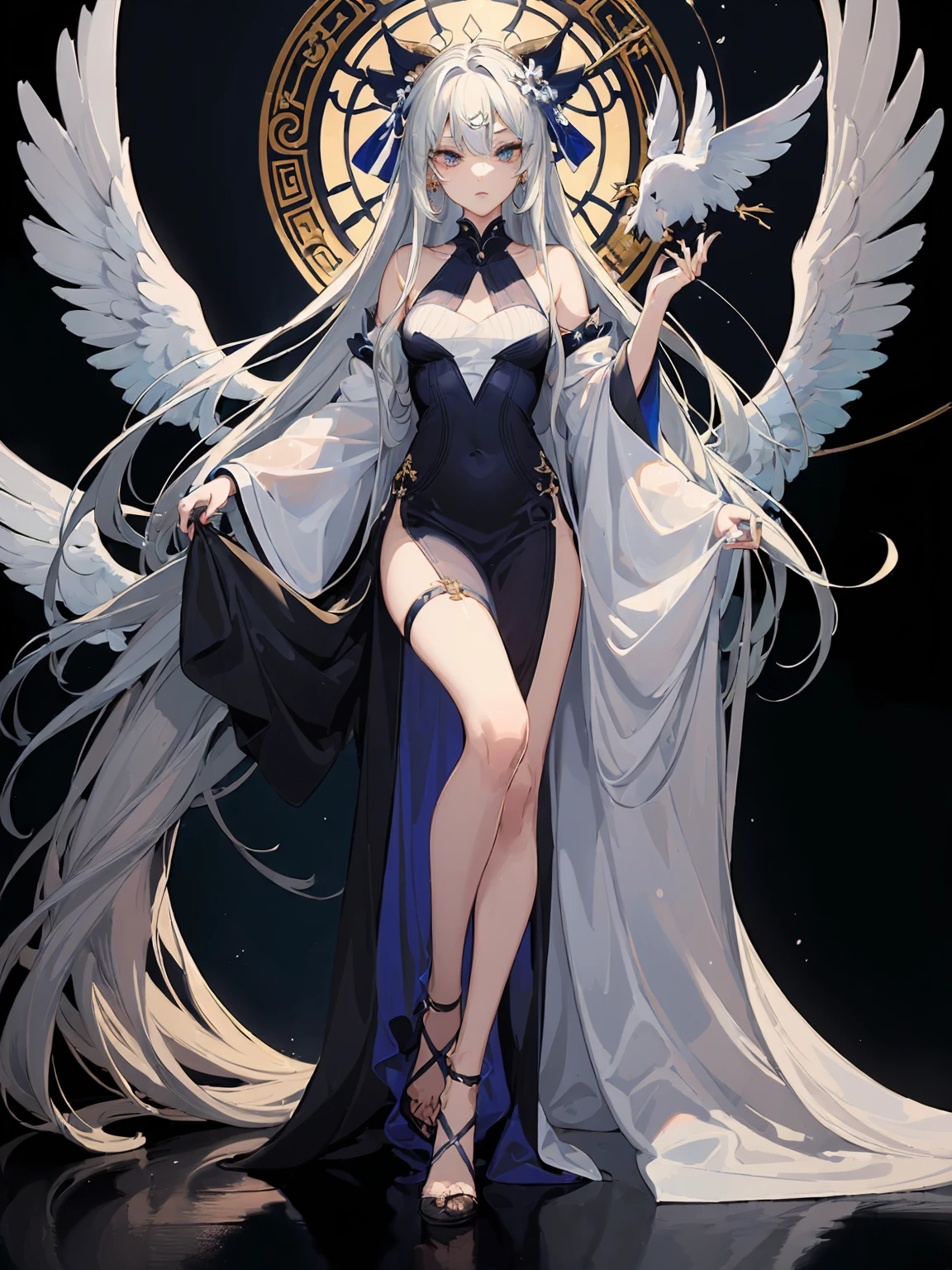 (Designed by nty:1.4),Full-length portrait of 1 , design de personagem de yoshitaka amano,only,angelic, symmetric beauty, the angel&#39;s wings, gorgeous long dress, Get up, (((only))), Color placement，clear facial features, Clean line design, magic elements, future-tech, ((tarot card background)), Figure standing figure, ((flat-colors)), (Masterpiece artwork，maximum quality，best qualityer，ultra-high resolution), ((exquisite facial features，clear facial features，beautiful eyes，gorgeous face))