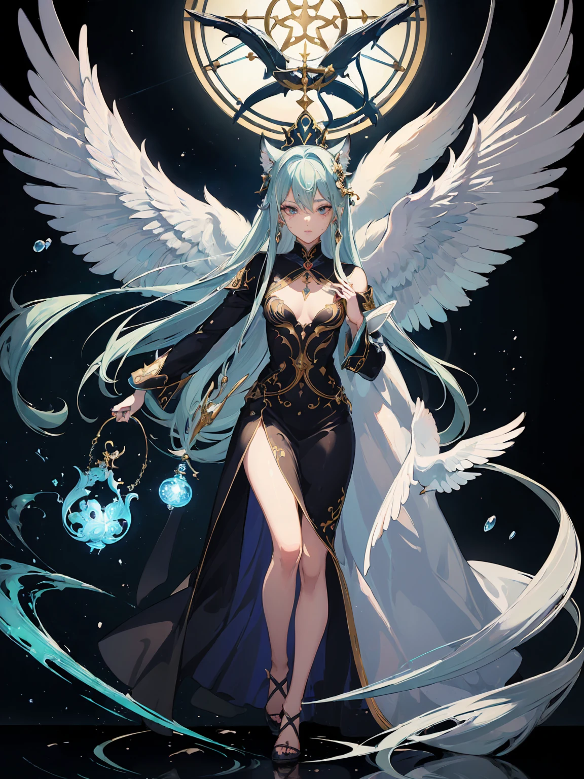 (Designed by nty:1.4),Full-length portrait of 1 , design de personagem de yoshitaka amano,only,angelic, symmetric beauty, the angel&#39;s wings, gorgeous long dress, Get up, (((only))), Color placement，clear facial features, Clean line design, magic elements, future-tech, ((tarot card background)), Figure standing figure, ((flat-colors)), (Masterpiece artwork，maximum quality，best qualityer，ultra-high resolution), ((exquisite facial features，clear facial features，beautiful eyes，gorgeous face))