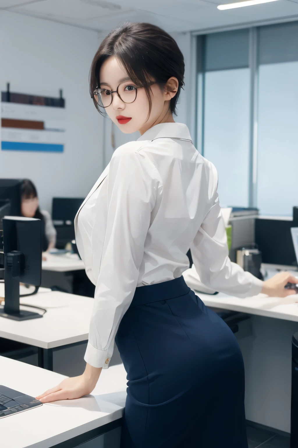((Highest quality)), ((masterpiece)), (detailed), One girl, Short Hair、Office Lady、glamorous、suit、tie、skirt、Butt、Navy、Glasses