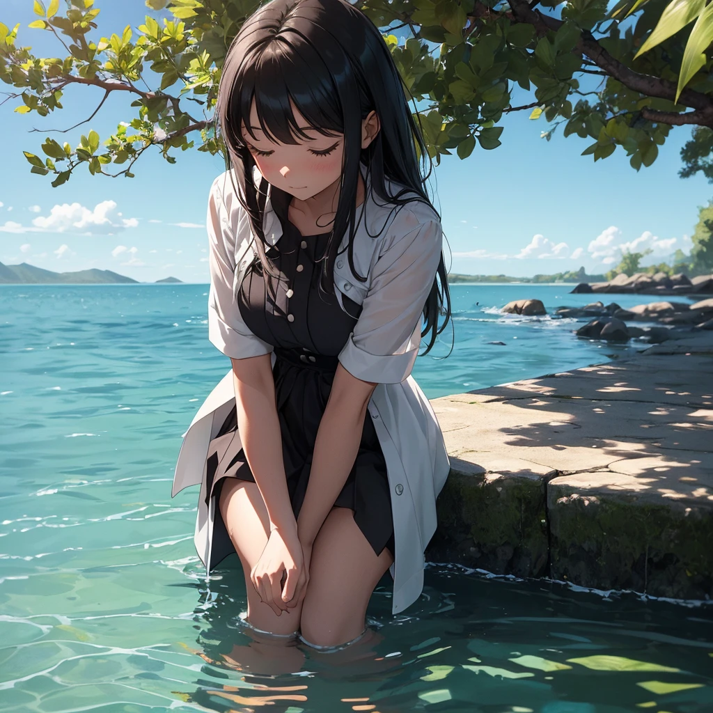 As she knelt by the water's edge, washing her hands, she noticed a shadow approaching.