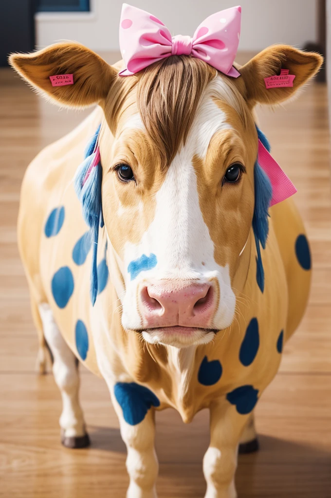 Create a drawing of a yellow cow with pink spots standing with a blue dress and bow on her head