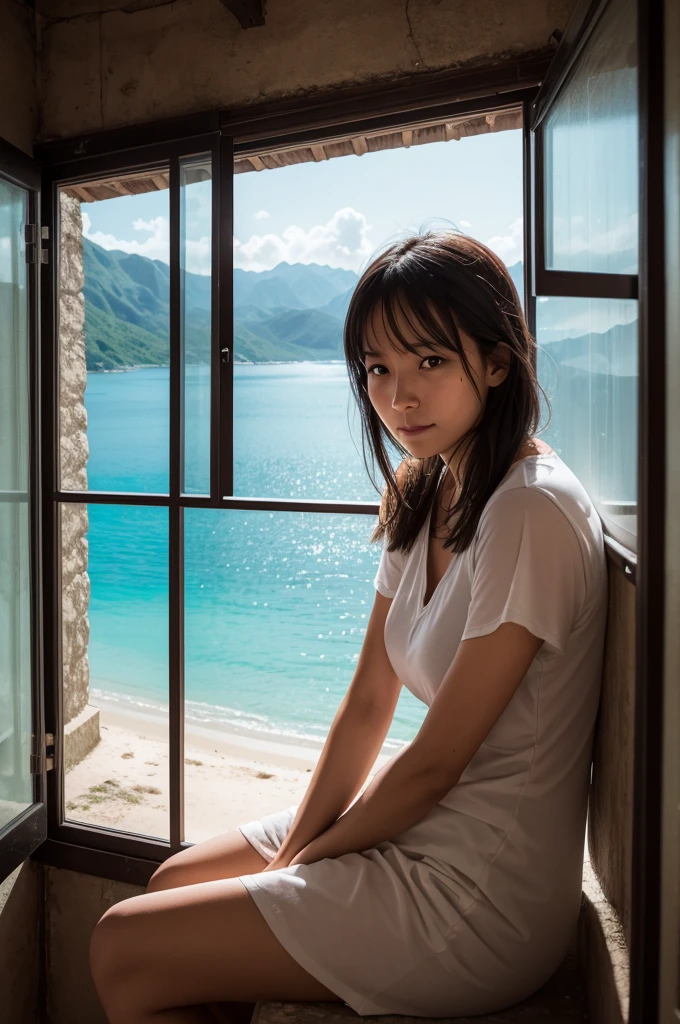 A woman is sitting in a prison cell, but with a hopeful expression on her face. The cell is visibly simple and somber, with a detail indicating a possibility of escape, such as a window with a view of a paradisiacal landscape or a slightly open door. Outside the cell, there is a stunning landscape – beaches, mountains, or a vibrant city, suggesting freedom and adventure.