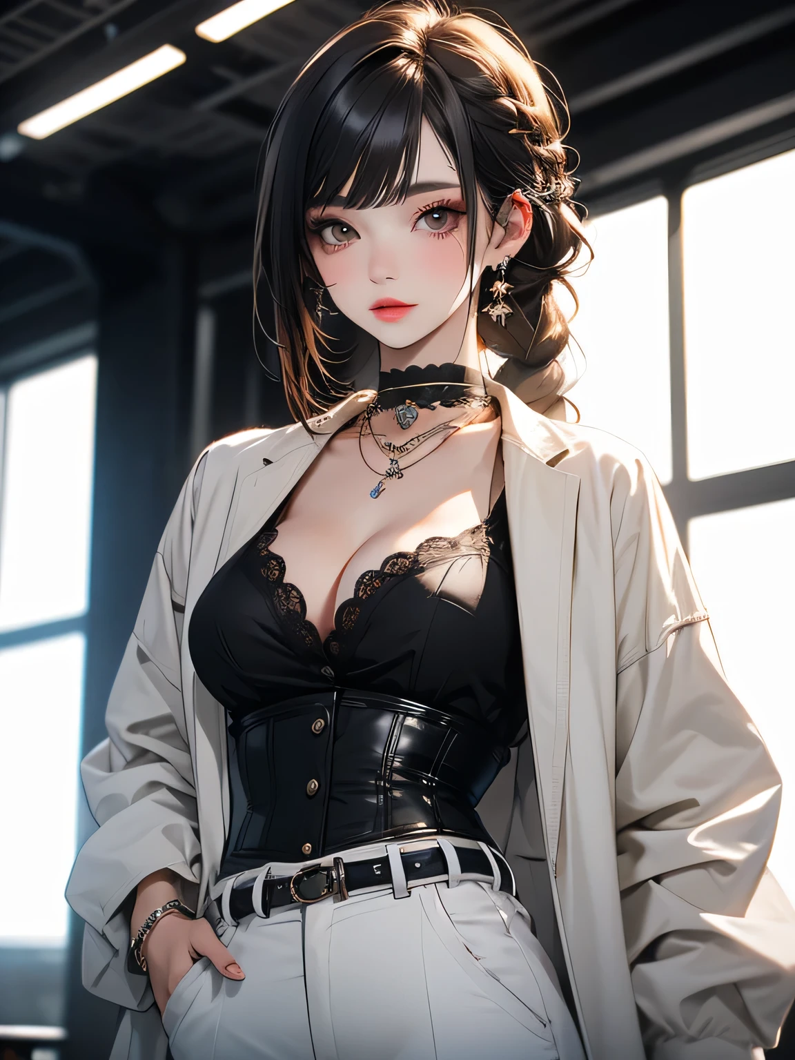 (Highest quality, masterpiece),One girl, Portrait of a beautiful donkey pex, Athletic ability, White jacket, corset, skirt, pants, Black Hair, Redhead, (Very delicate and beautiful face), (Beautiful eyes in every detail), Braid, compensate, choker, Cleavage, Volumetric lighting, Highest quality, masterpiece, Intricate details, Tone Mapping, Sharp focus, Super detailed, Trending on Art Station, Realistic