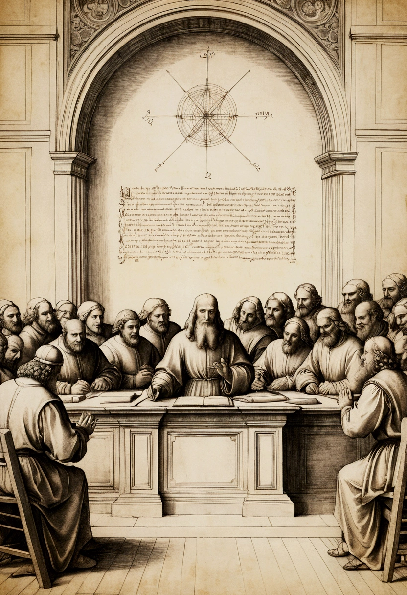 man writing in front of a group of men, by leonardo da vinci, complex scene, opening scene, painted image, , courtroom drawing, stylized digital illustration, accurate depiction, praying, full - view, many people worshipping, rendering