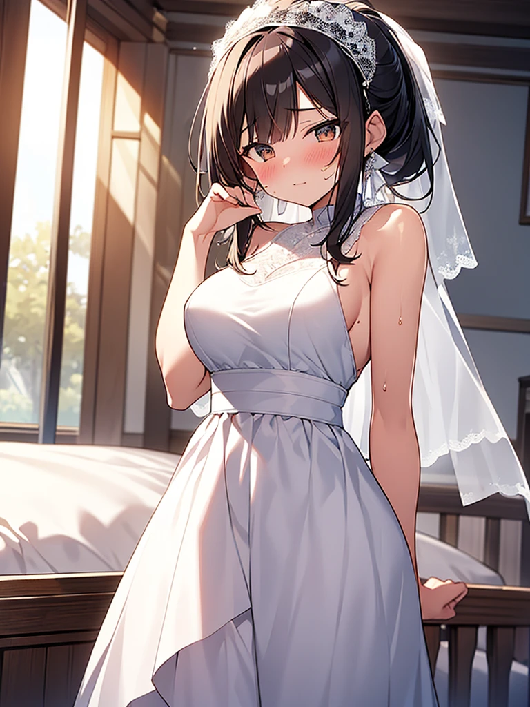 Anime drawing with vivid colors Tall woman:1.9 Veil, All lace, White wedding dress, Mini skirt, Big breasts, Sweat, Naked:1.9. Blushing cheeks: Daytime:1.3 On the bed, white sheets, short black hair, ponytail:1.9 Straight hair Hair tie Sweep bangs to the side:1.9. Slanted eyes, brown eyes, tall, strong-willed, beautiful