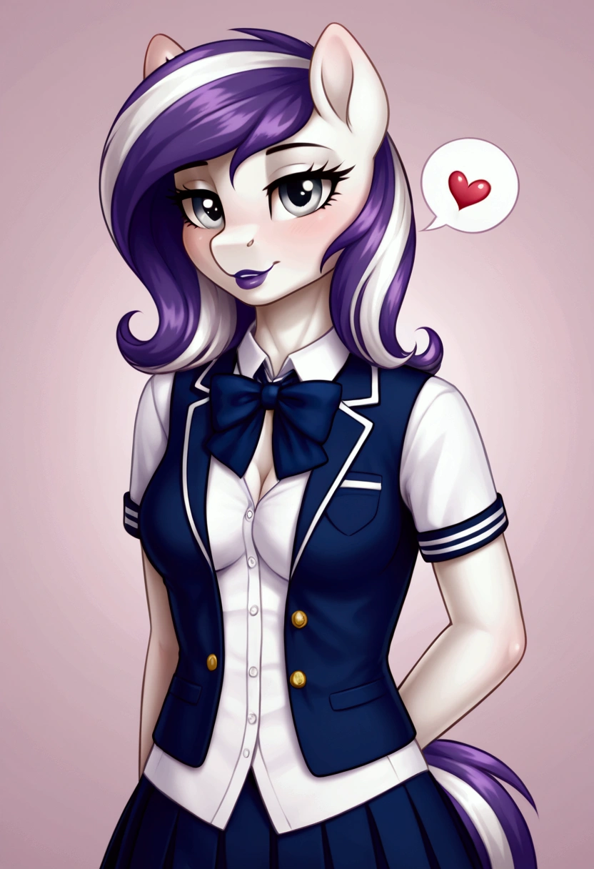 My little pony, (anthro), ((school role play uniform)), ((Two-tone hair with black on top and white underneath)), pale white body, gray eyes, medium breasts, purple lips, perfect lines, heart cutie mark