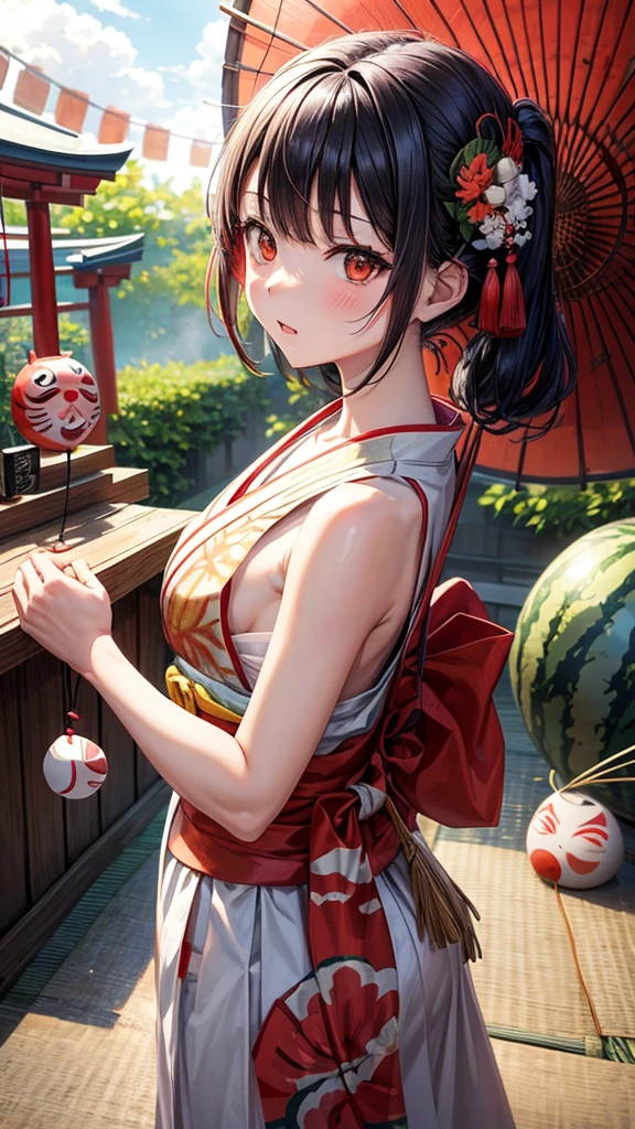 Create an anime-style illustration featuring a large, ripe watermelon placed on a woven mat. Include a traditional Japanese wind chime with a red stripe hanging above the watermelon, and next to it, place a small white and blue Japanese Daruma doll with one eye painted in. The background should have a bamboo screen partition to enhance the Japanese summer aesthetic.