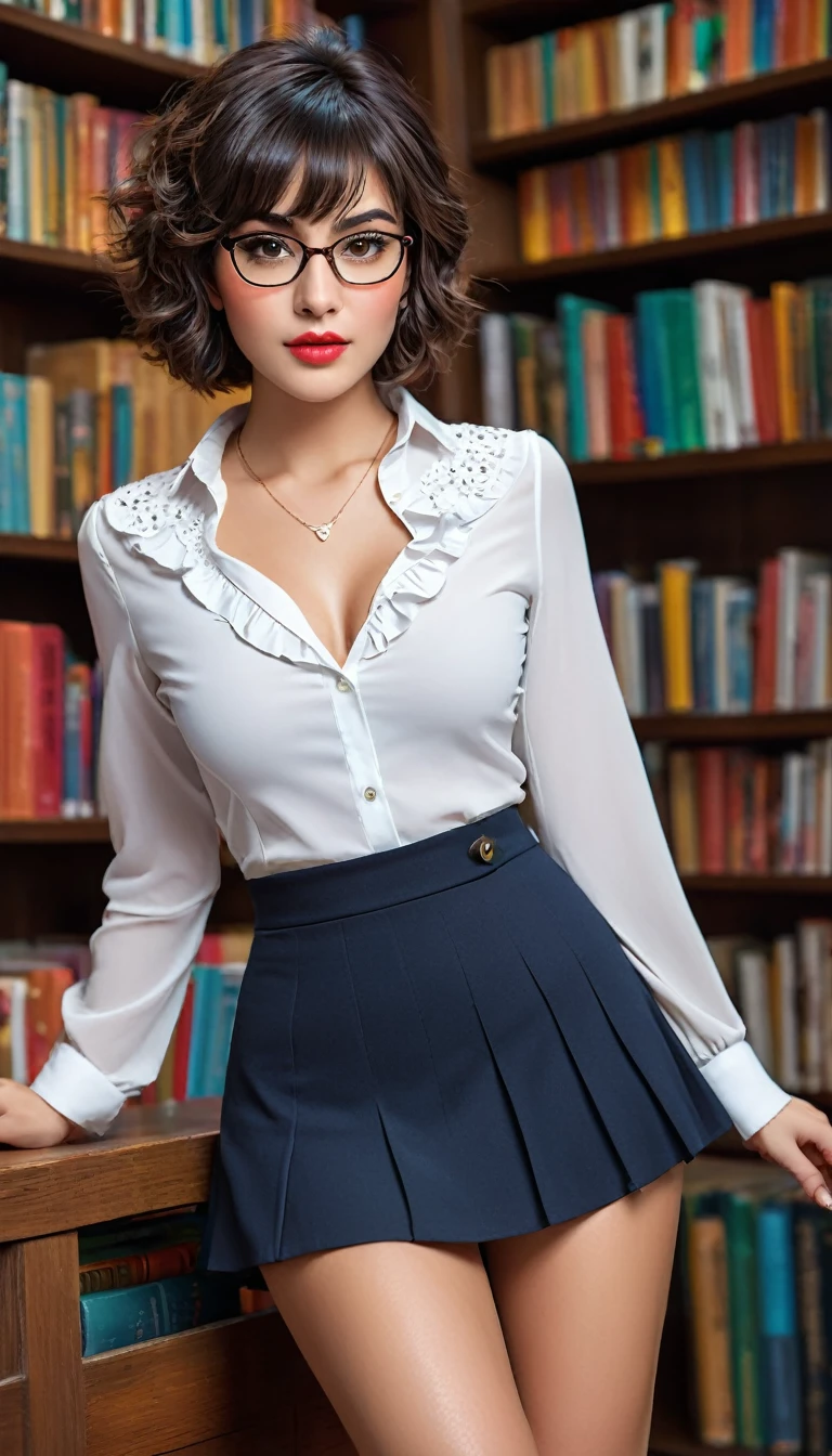 (((beautiful beautiful Isabela Merced, posing for uploadss, looking sexy, ruffled lips, Short and curly hair in different colors, extremely pretty eyes))), ((wearing floral silver necklace)), realistic uploadsgraph, highy detailed, Foco do pointed, (Main lighting), (indoor bookstore environment), artwork, extremely pretty, Perfect beauty, (perfect shape body, Broad Hips, small waist, thick-thighs, firm abs, Body cute, knees, knees, focus on the knees, breasts small), short hair of different colors with bangs, short hair with bangs of different colors cobrindo a testa, short hair with bangs of different colors ((((short hair of different colors with bangs cobrindo a testa)))), ((30 years old)), (extremely detaild 8k wallpaper), ((face detailed)), (((wearing open white shirt, microsaia curta de tweed, knees, knees, very short skirt)), (long dark eyelashes), (looking at the camera), (((cleavage))), (glamor model), (seductive facial expression) (((standing between high shelves full of books))), extremely detaild, artwork, Intricate details, highy detailed, Foco do pointed, skin detailed, realistic skin texture, texture, detailedeyes, high resolution, kodak vision color, uploads_\(ultra\), Post-processing, maximum detail, roughness, real-life, ultra realistic, uploadsrealism, uploadsgraphy, absurderes, RAW uploads, highest quallity, high detail RAW color uploads, professional uploads, extremely detaild UHD 8k wallpaper unit, best quality, high resolution, (artwork, maximum quality, high resolution:1.4), uploads, cinematic, film grain, pointed, soft natural light, magic uploadsgraphy, super verbose, ((whole body: legs 1.7)), librarian glasses, nerd glasses, ((pleated miniskirt: miniskirt 1.6)), unbuttoned blouse with cleavage, bellybutton, navel, cleavage, (Head to knee, all-body: knees 1.3), horny, lascivious, provocative, panties, raised knee, knee lift