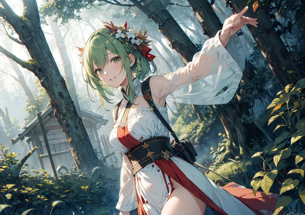 Realistic photos, Focus distance 10mm, Red and white, A big smile, Beautiful girl, Realistic photos, Focus distance 10mmで撮影, masterpiece, 最high quality, high quality, Very detailed CG 8k wallpaper unit, Award-winning photography, Depth of written boundary, High resolution, bloom, chromatic aberration, Realistic, Very detailed, Art Station Trends, CGsociety Trends, Complex, High detail, dramatic, Art on the go, volumetric lighting, game「Tales」Series Image, Guardian of the fantastic forest: A beautiful girl who protects the forest together with fairies and spirits。Giant Tree々and luminous plants spread out in the background., In a silent forest with mist in the background、A village with a mysterious atmosphere, Green Hair
