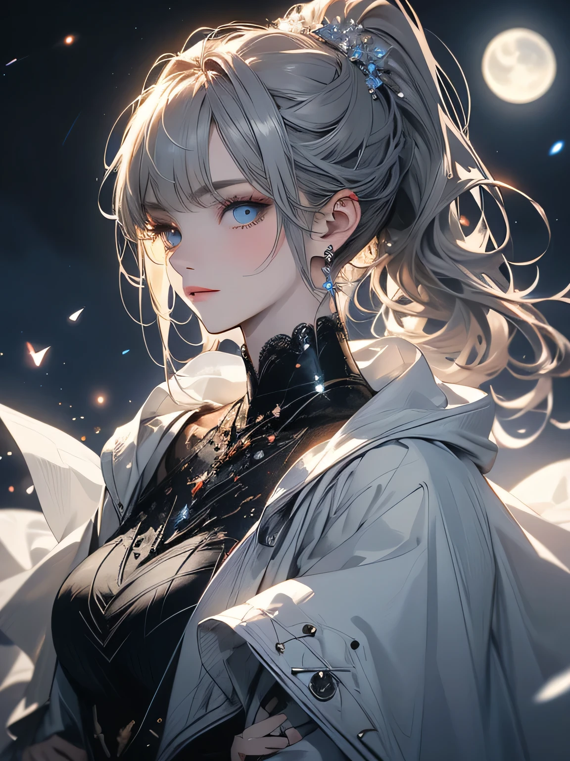 masterpiece, (Highest quality: 1.2), (Super Fine: 1.2), figure, (Very delicate and beautiful: 1.2), Film Angle, floating, (Beautiful detailing: 1.1), (Detail Light: 1.1), Film Light, Delicate Sky, woman, Gray Hair, blue eyes, (High Ponytail: 1.1), Cape, Glowing Eyes, (moon: 1.2), (moonlight: 1.1), Starry Sky, (Particles of light: 1.1), fog , Snow Painting, sketch, flowering