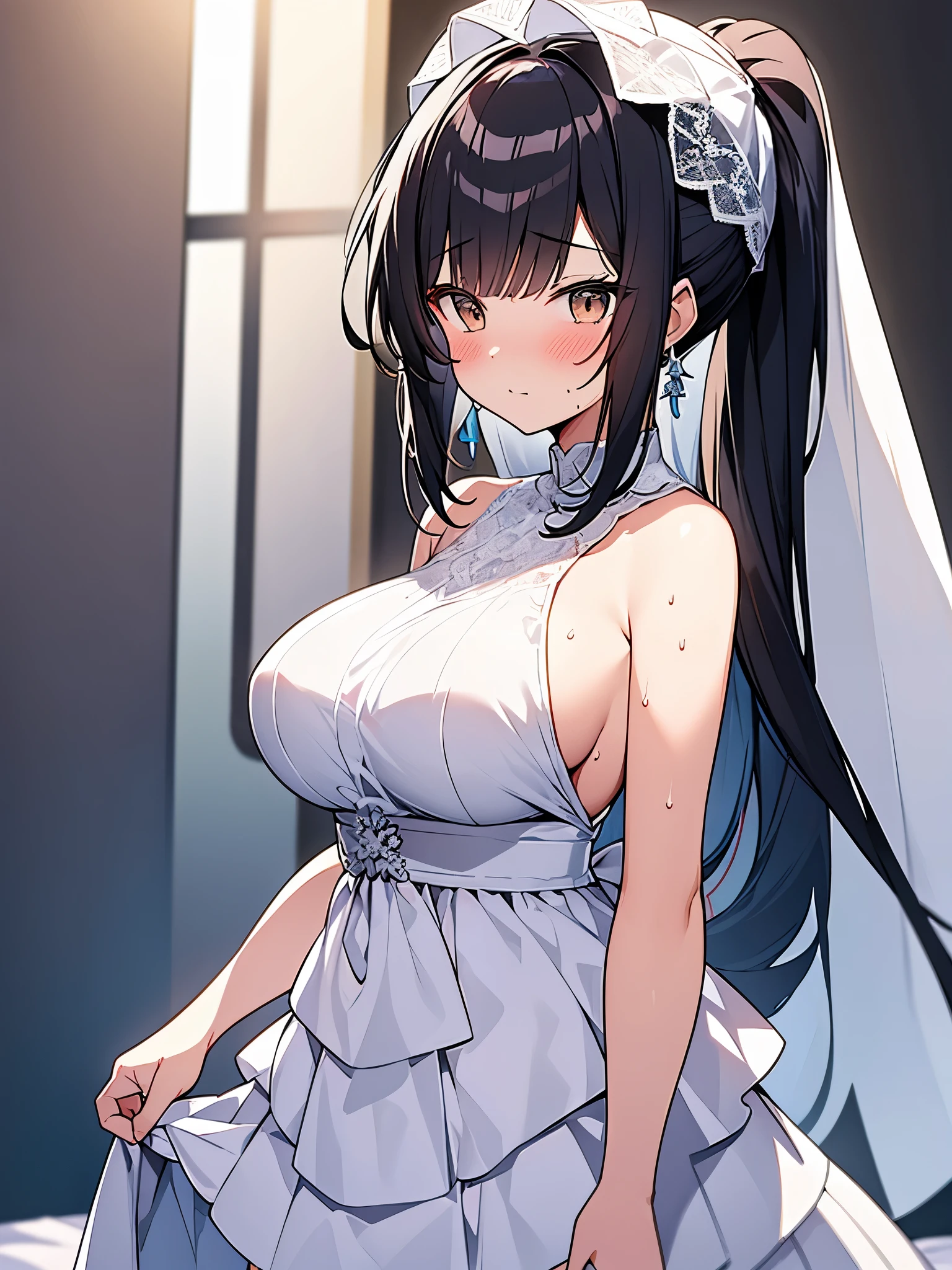 Anime drawing with vivid colors Tall woman:1.9 Cosplay costume, all lace, white wedding dress, veil, mini skirt, big breasts, sweat, naked:1.9. Blushing cheeks: Daytime:1.3 On the bed, white sheets, short black hair, ponytail:1.9 Straight hair Hair tie Sweep bangs to the side:1.9. Slanted eyes, brown eyes, tall, strong-willed, beautiful